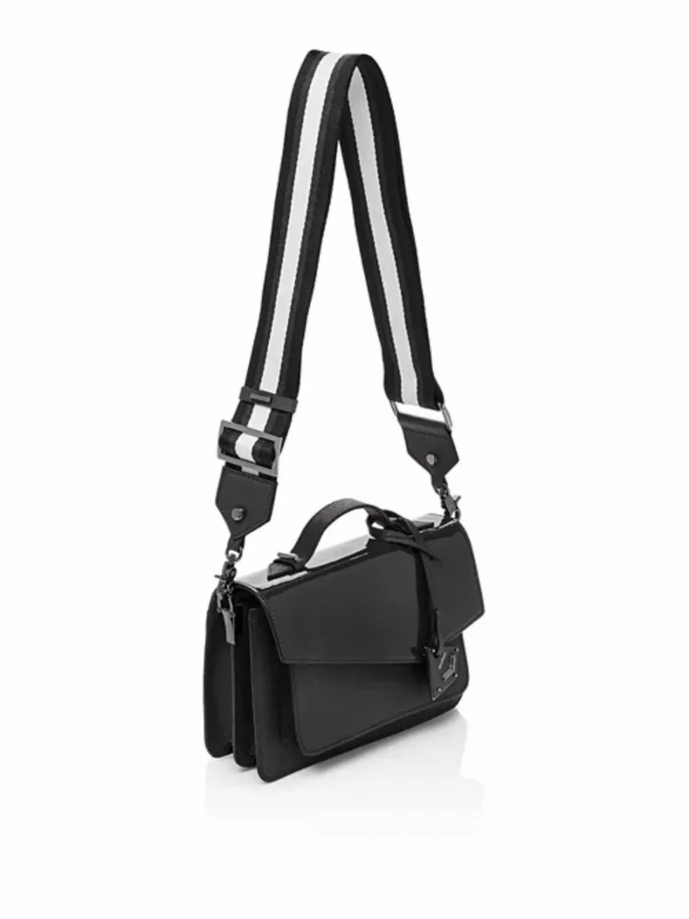 Botkier Black Patent & Textured Black Crossbody Satchel with Striped Strap